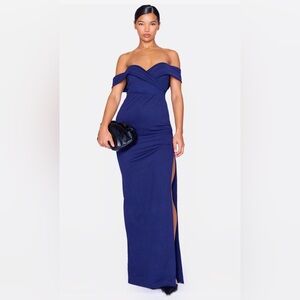 Navy evening gown - NAVY BARDOT FOLD DETAIL EXTREME SPLIT MAXI DRESS